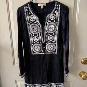 Michael Kors Women's Long Sleeve Navy Blue, White Beaded Dress XS